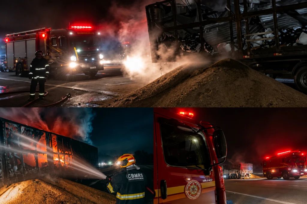 Incêndio destrói carga de soja em carreta na BR-392: bombeiros evitam tragédia no sul do RS